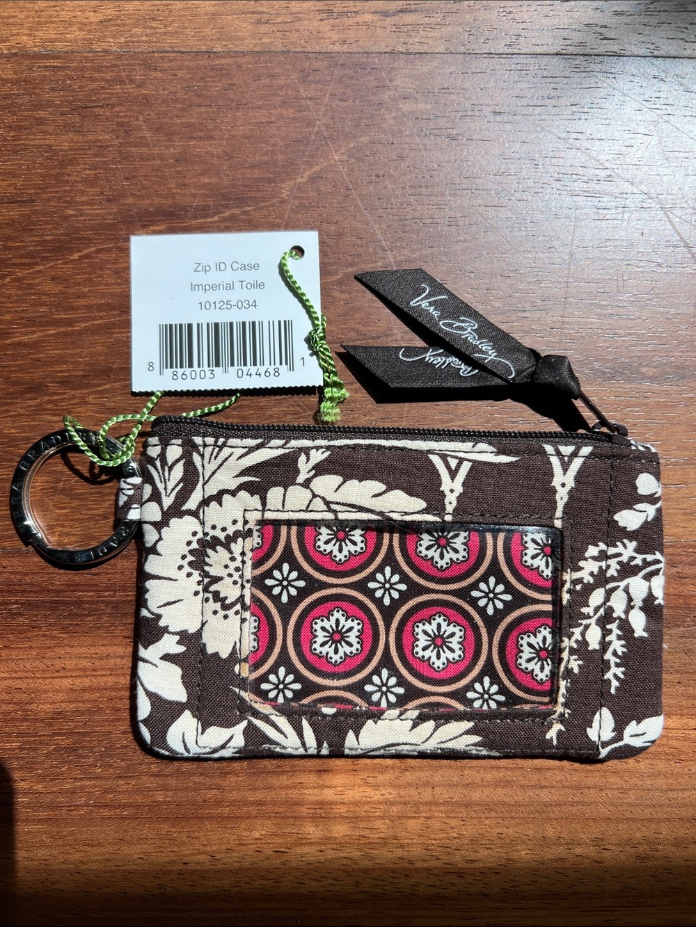 Vera Bradley Imperial Toile Zip ID Case Brown/Cream with Pink Accents